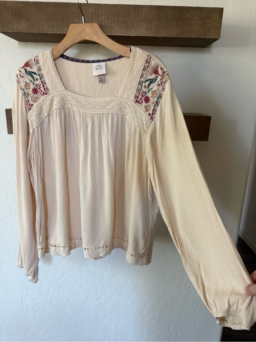 Knox Rose|Boho Cream floral Embroidered Long-Sleeve Peasant Blouse,crotchet••• - Picture 8 of 13